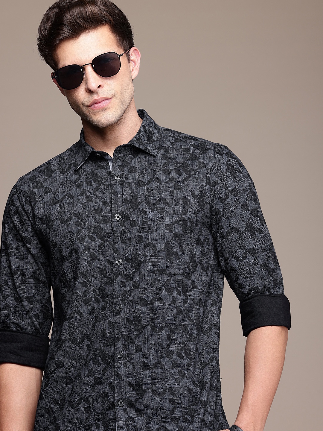 

French Connection Pure Cotton Slim Fit Geometric Printed Casual Shirt, Black