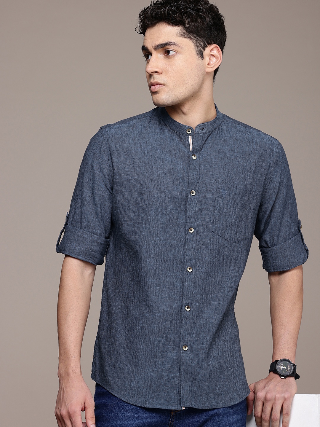 

French Connection Men Slim Fit Opaque Casual Shirt, Navy blue