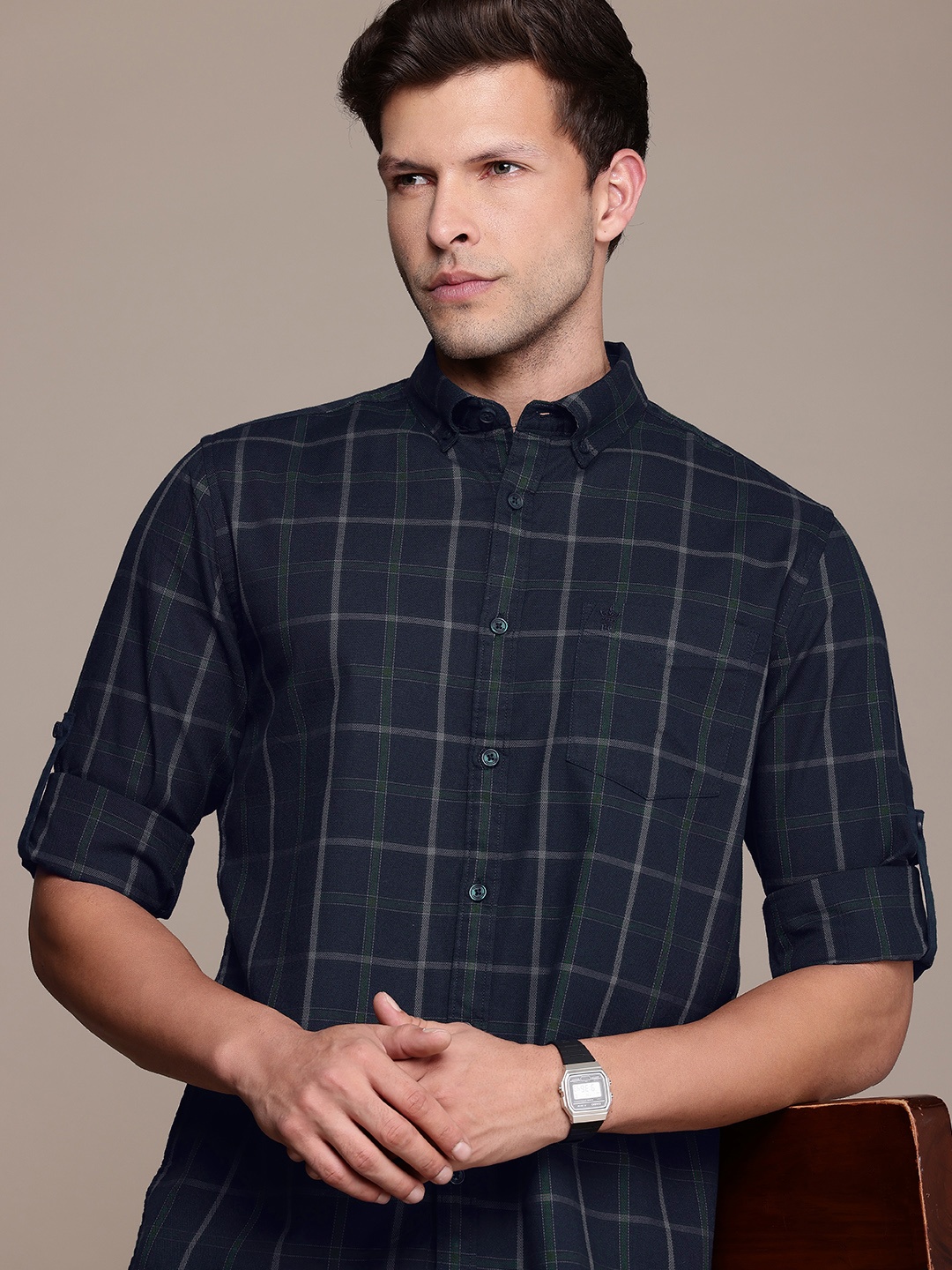 

French Connection Pure Cotton Slim Fit Checked Casual Shirt, Navy blue