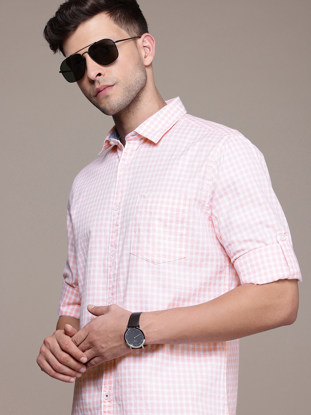 

French Connection Men Slim Fit Opaque Checked Casual Shirt, Pink