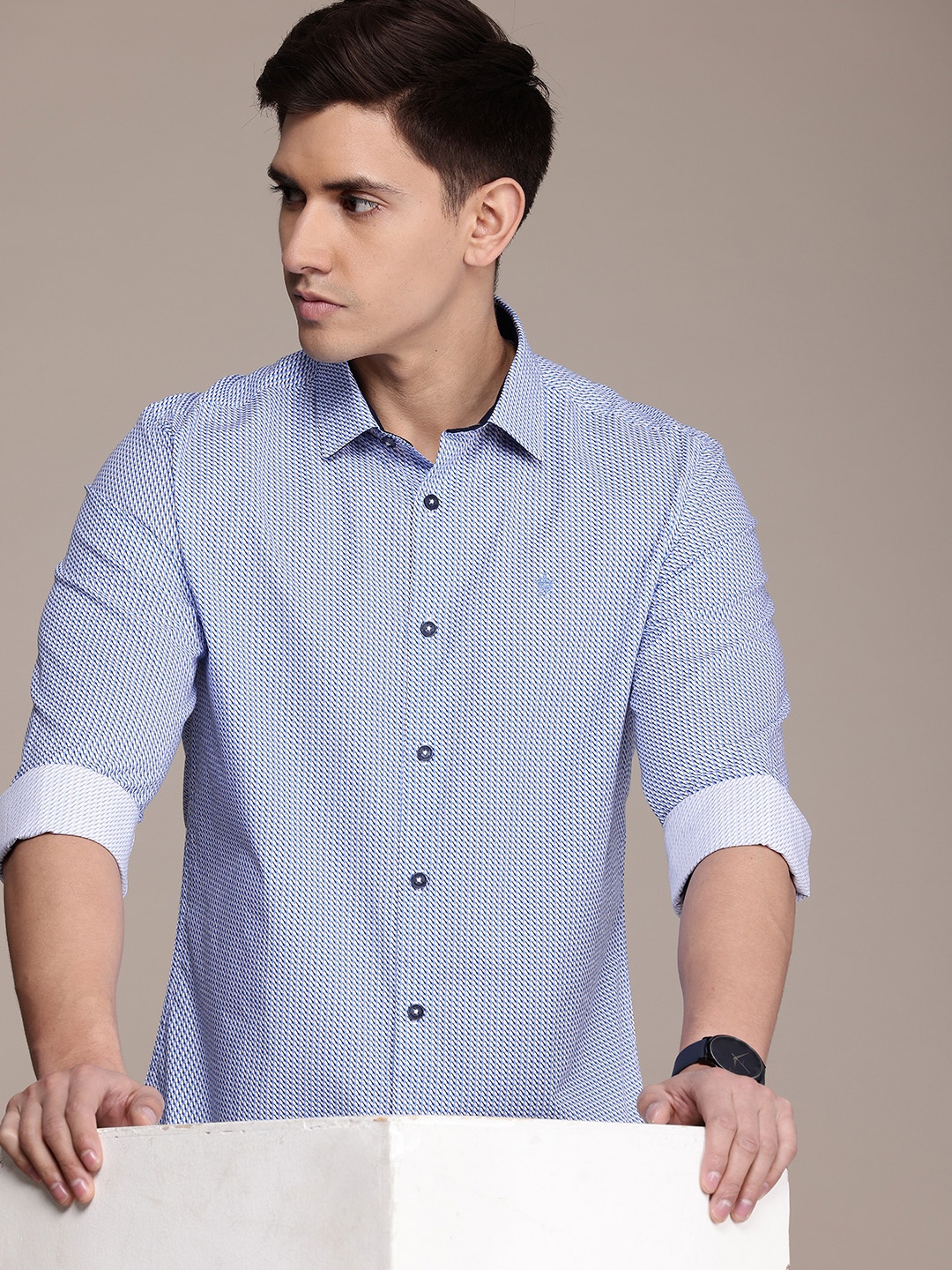 

French Connection Micro Printed Slim Fit Opaque Pure Cotton Casual Shirt, Blue