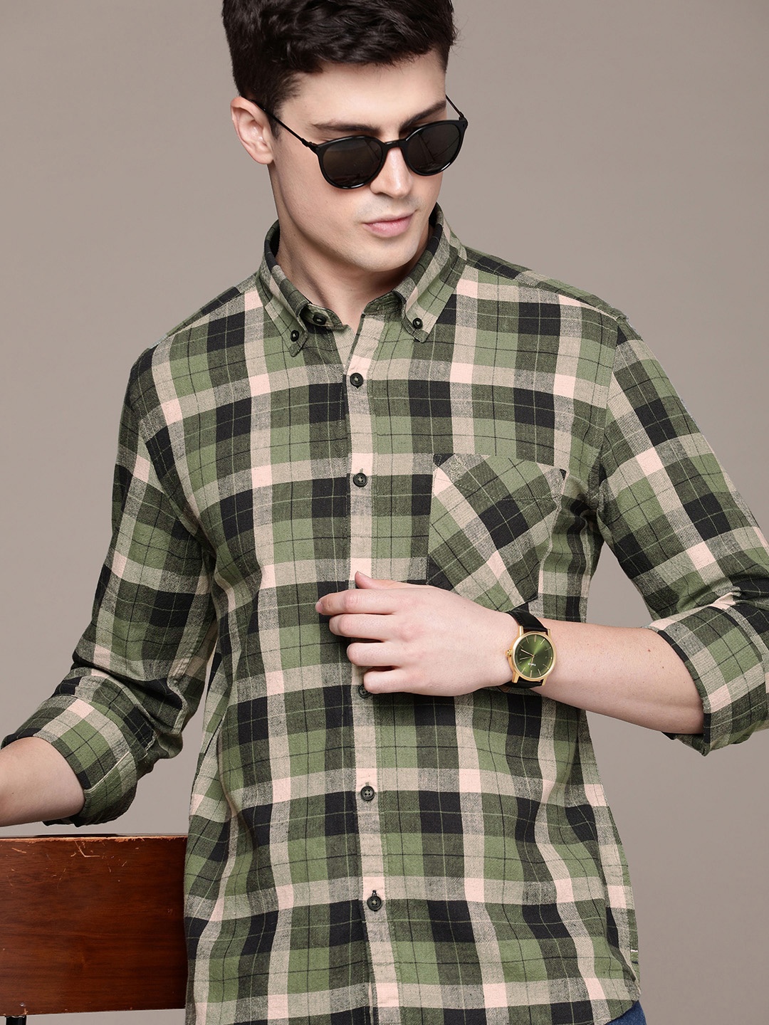 

French Connection Pure Cotton Slim Fit Opaque Checked Casual Shirt, Green