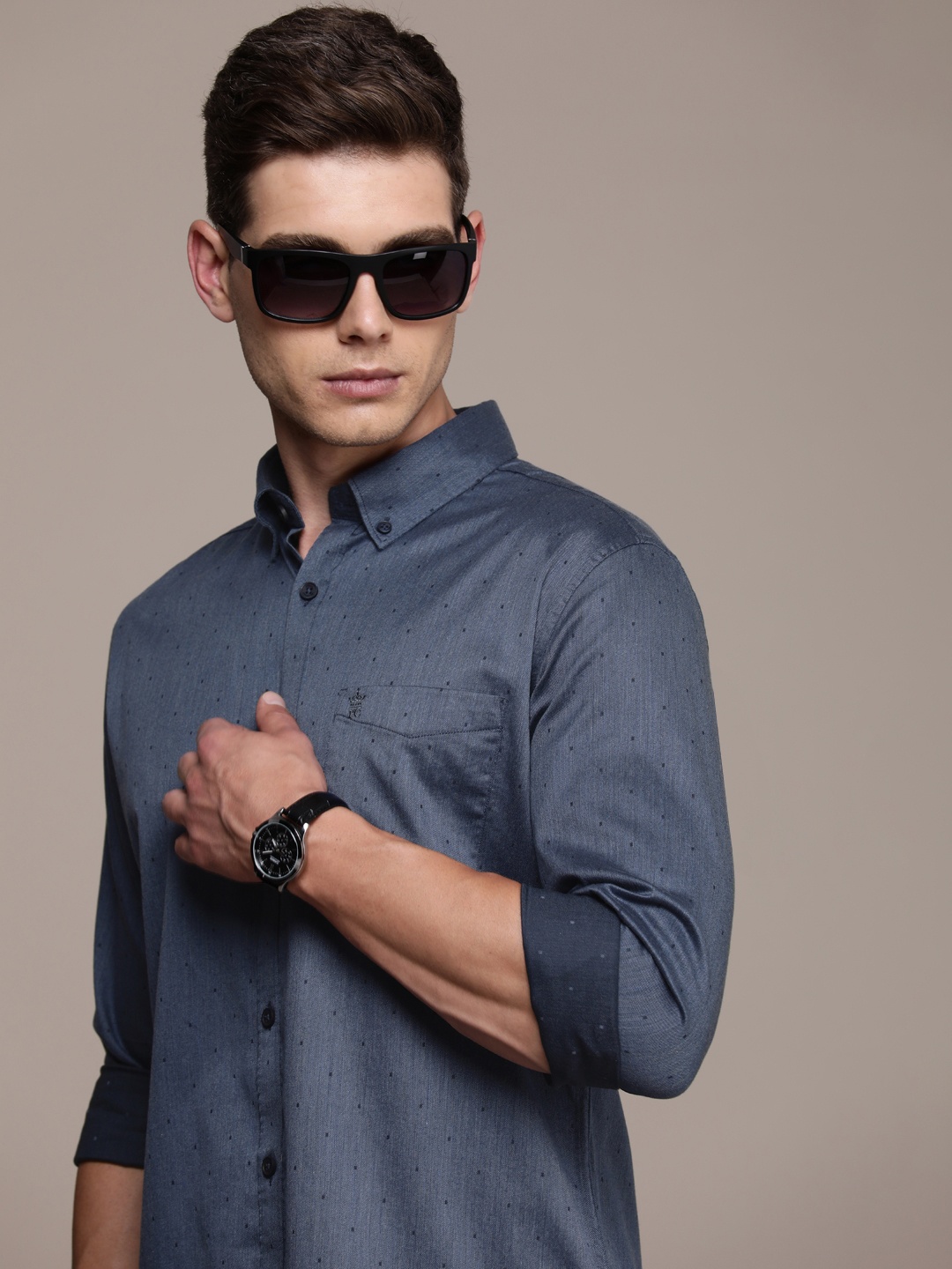 

French Connection Pure Cotton Self Design Slim Fit Opaque Casual Shirt, Blue