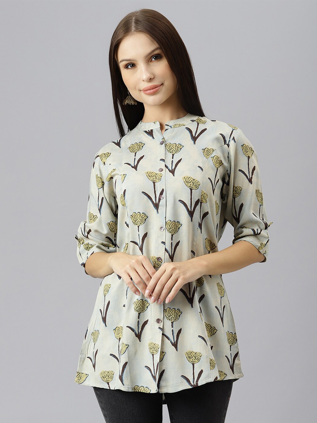 

KALINI Floral Printed Mandarin Collar Roll Up Sleeves Shirt Style Top, Cream