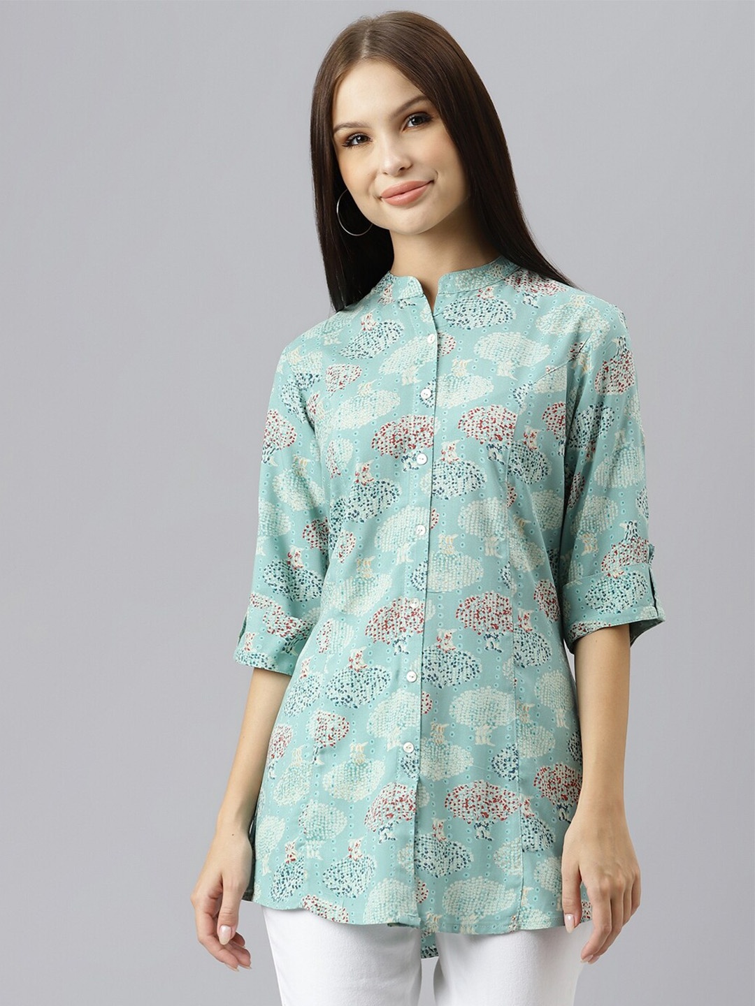 

KALINI Floral Printed Mandarin Collar Roll-Up Sleeves Longline Shirt Style Top, Sea green