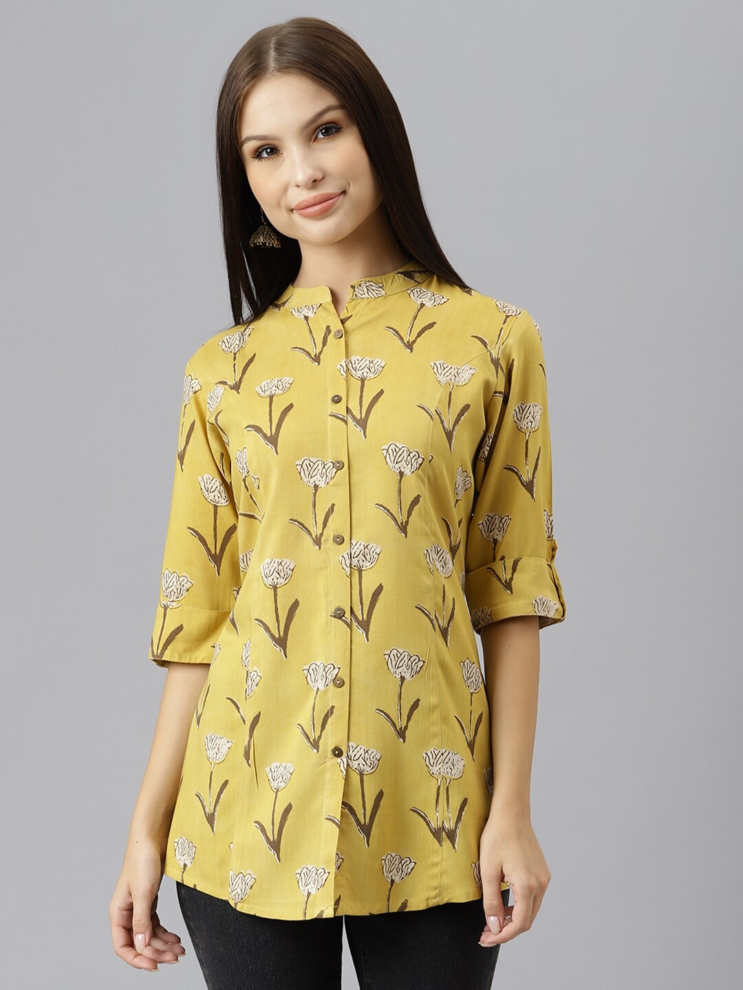 

KALINI Floral Printed Mandarin Collar Roll-Up Sleeves Longline Shirt Style Top, Mustard