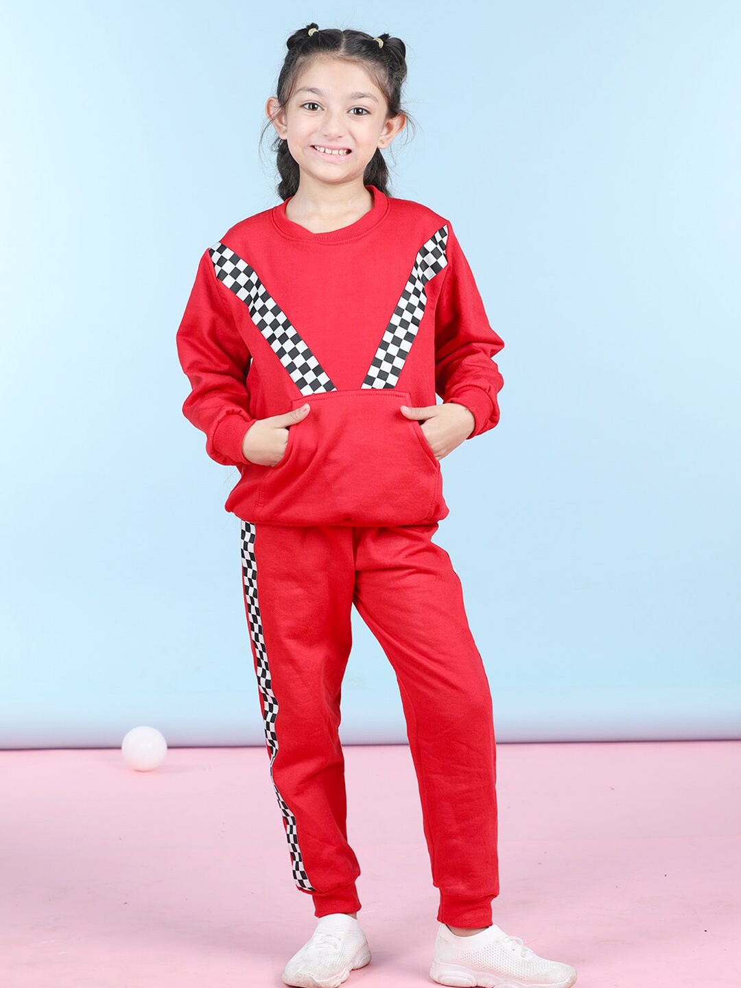 

Cutiekins Girls Checked Round Neck Fleece Sweatshirt With Trackpant, Red