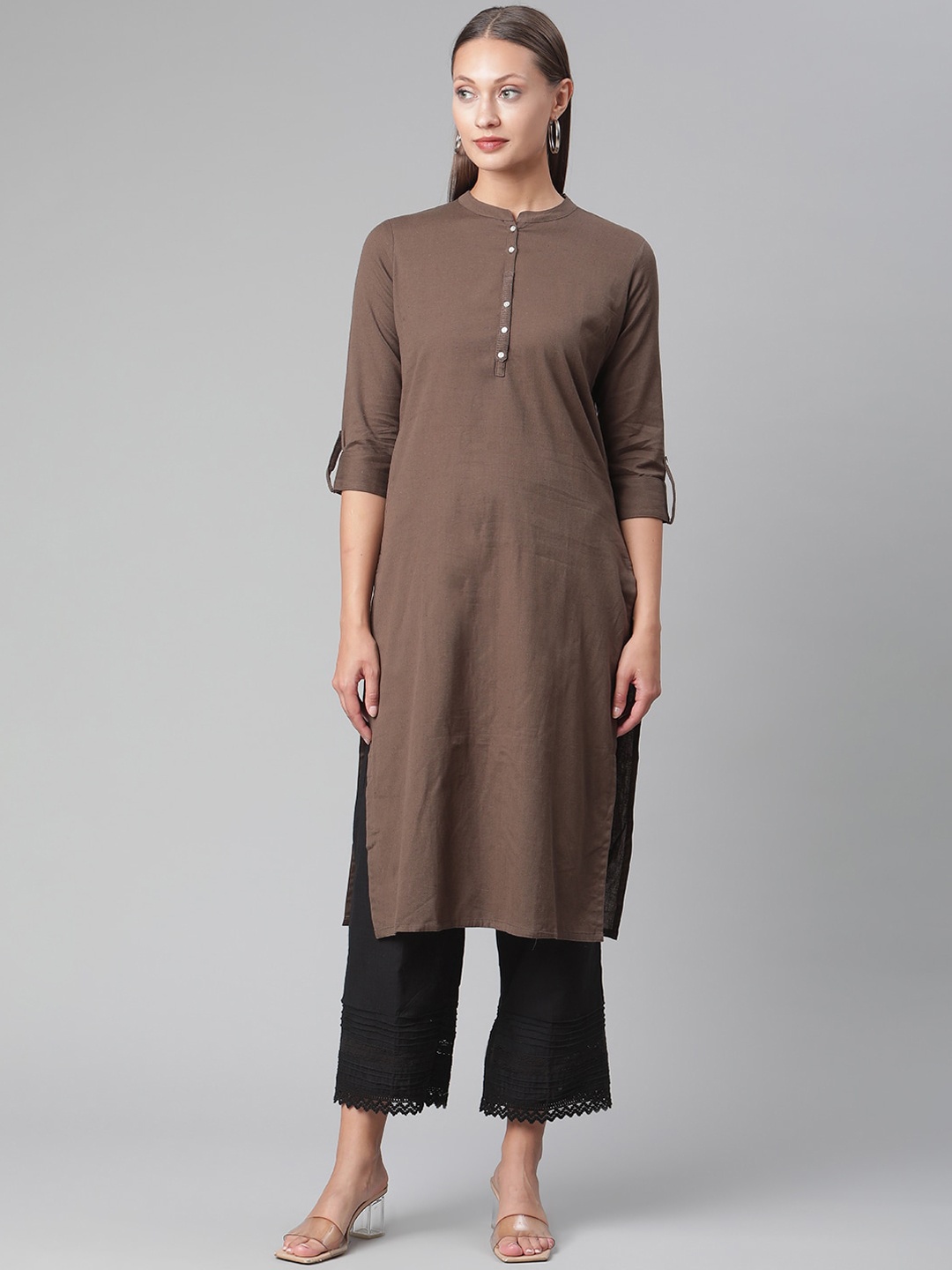 

KALINI Mandarin Collar Roll-Up Sleeves Cotton Straight Kurta, Coffee brown