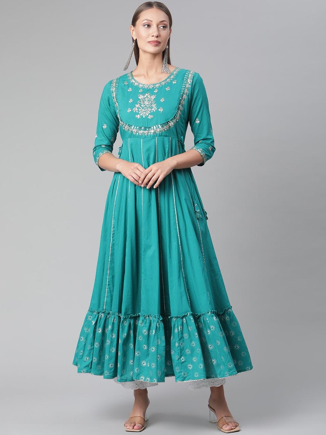 

KALINI Ethnic Motifs Embellished Gotta Patti Detailed Cotton Anarkali Kurta, Green