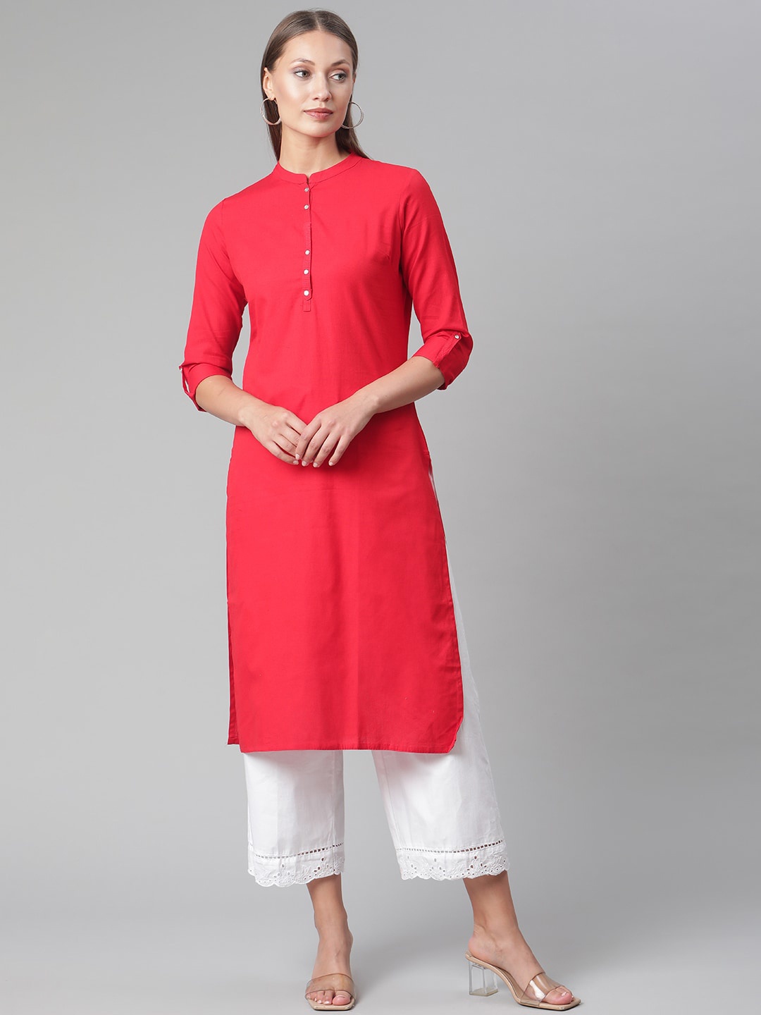 

KALINI Mandarin Collar Roll-Up Sleeves Cotton Kurta, Red