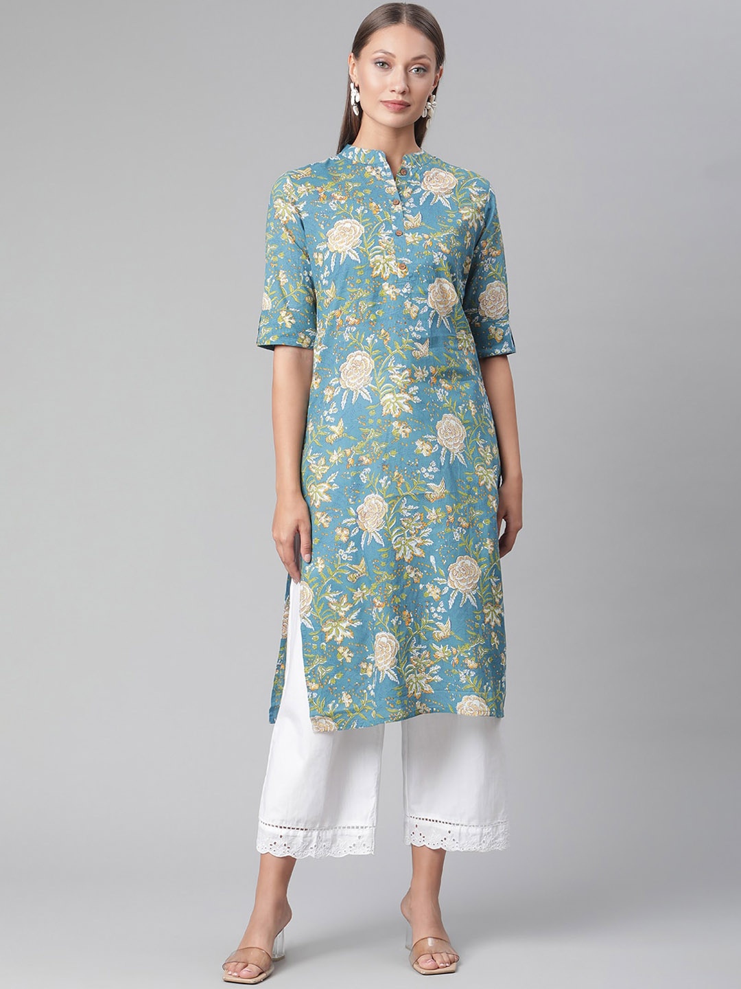 

KALINI Floral Printed Mandarin Collar Roll-Up Sleeves Cotton Straight Kurta, Teal