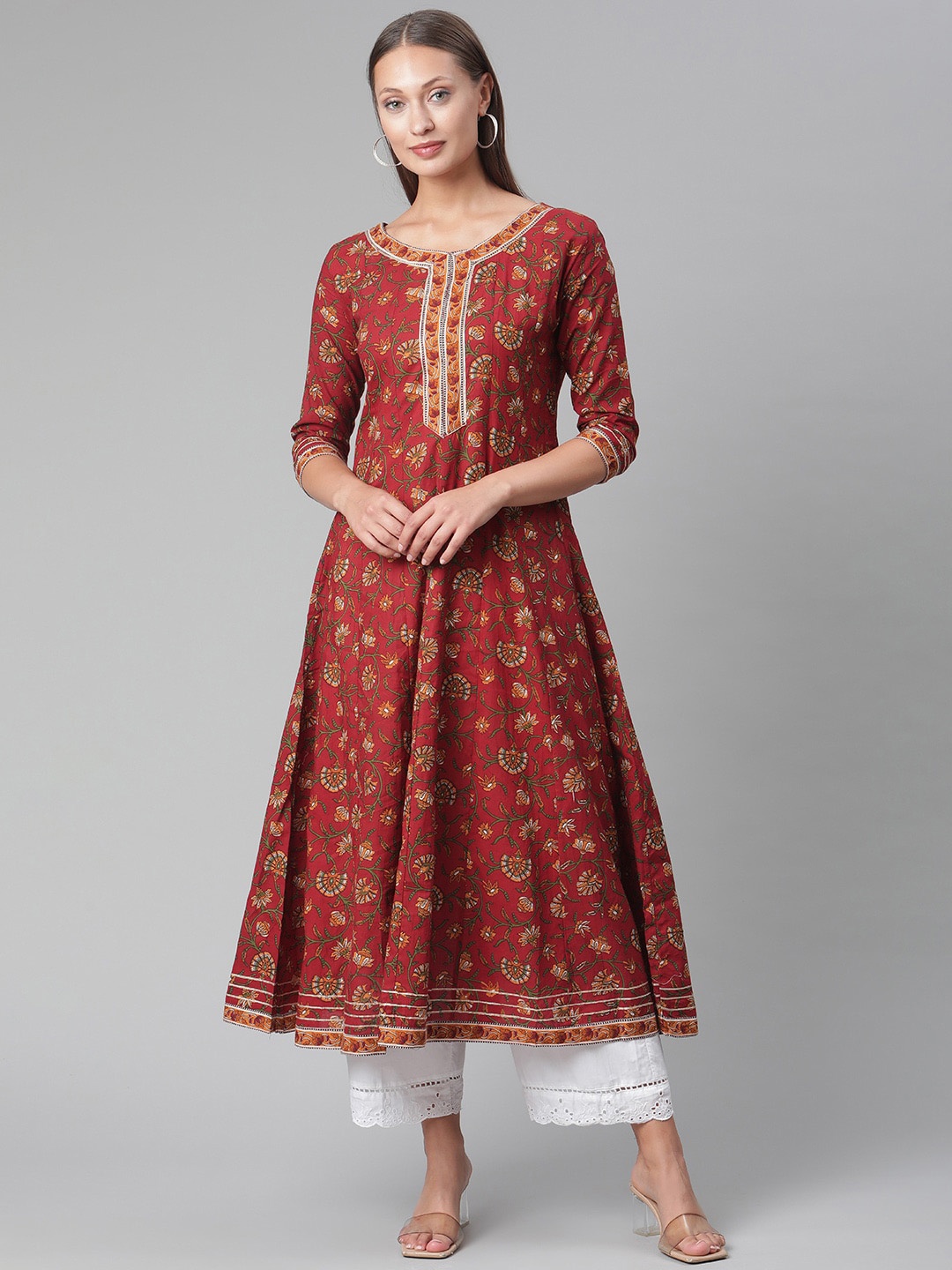 

KALINI Floral Printed Gotta Patti Detailed Panelled Cotton A-Line Kurta, Maroon