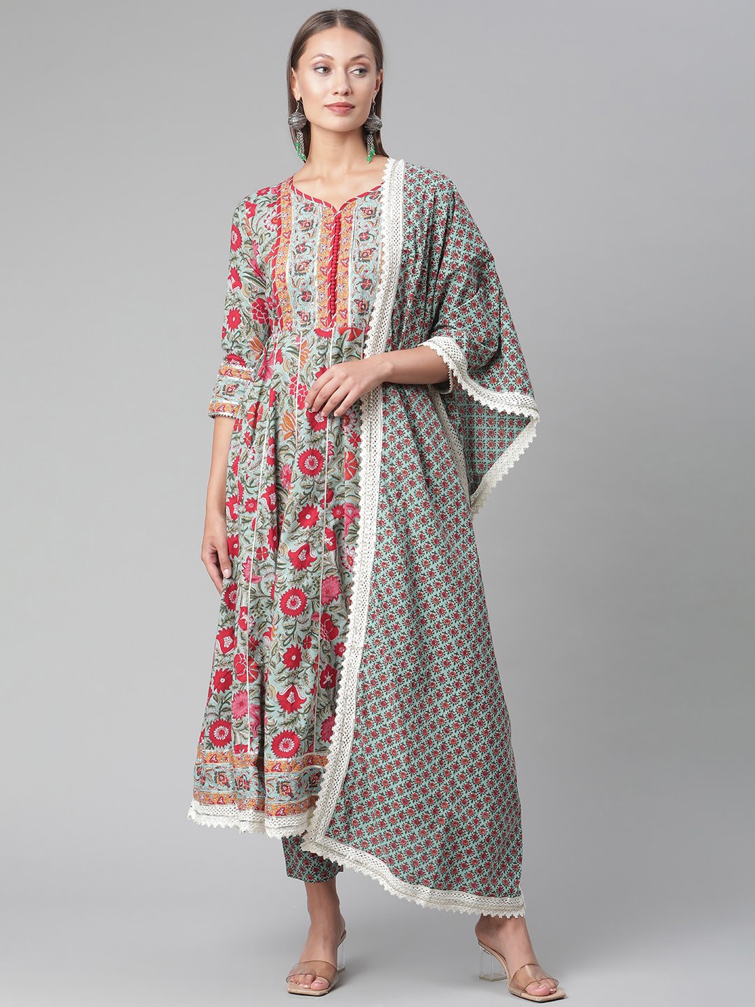 

KALINI Floral Printed Gotta Patti Pure Cotton Anarkali Kurta With Trousers & Dupatta, Sea green