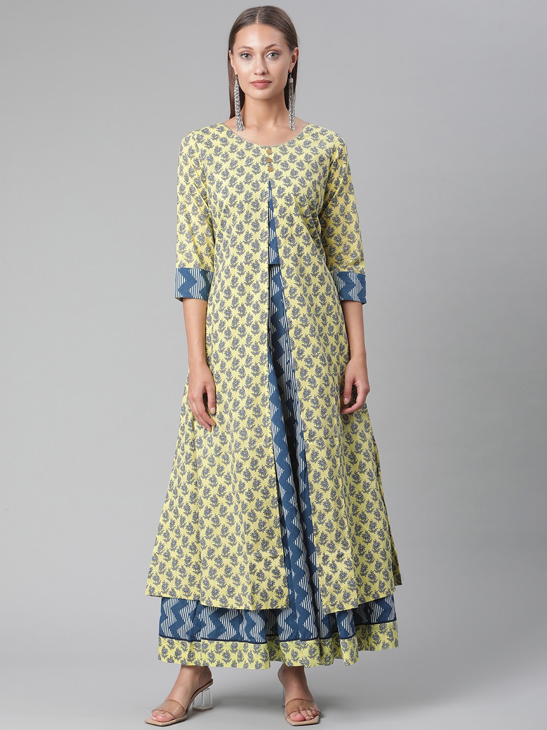 

KALINI Ethnic Motifs Printed High Slit Pure Cotton A-Line Kurta with Skirt, Yellow