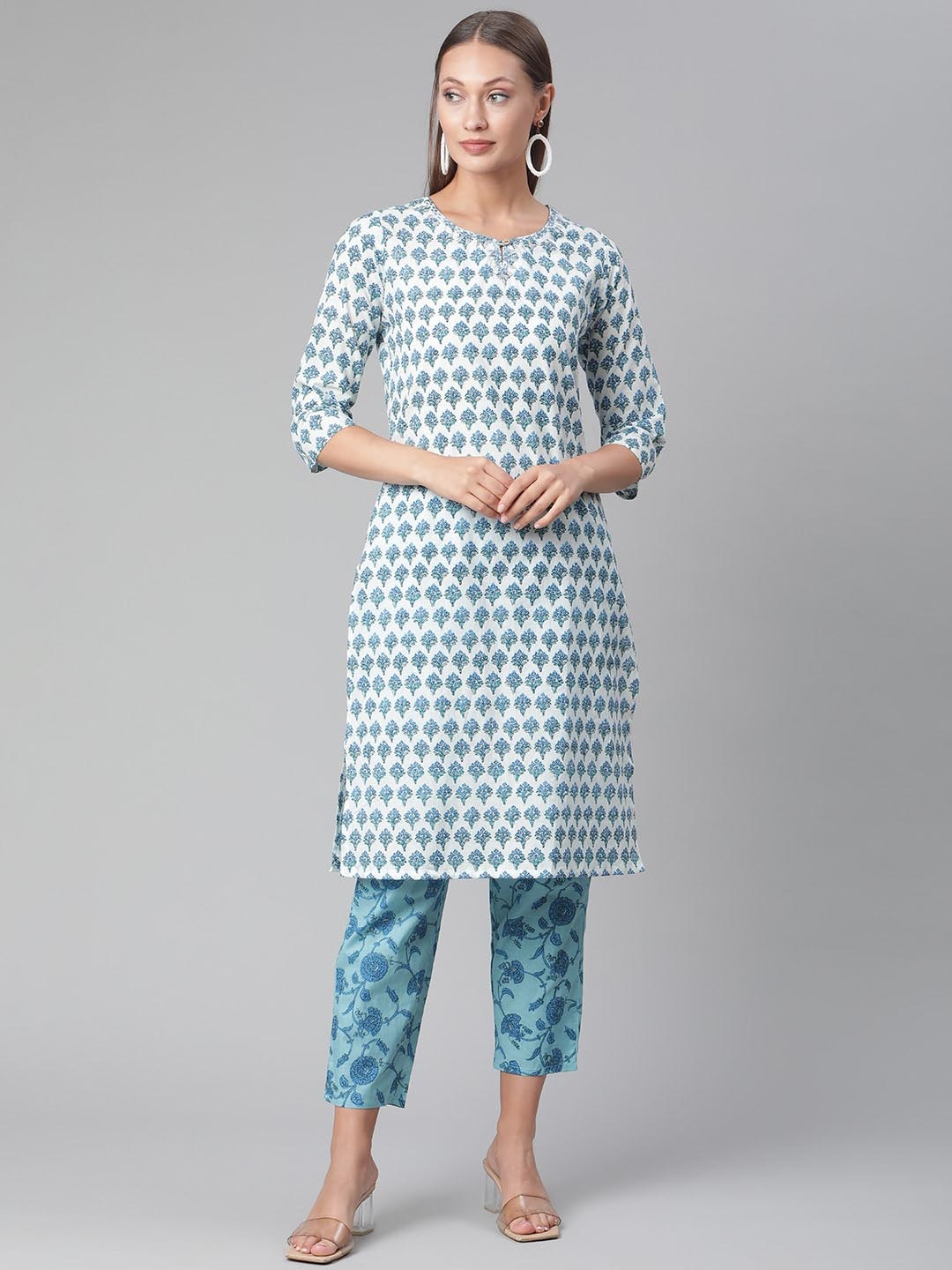 

KALINI Ethnic Motifs Printed Keyhole Neck Thread Work Cotton Straight Kurta with Trousers, White