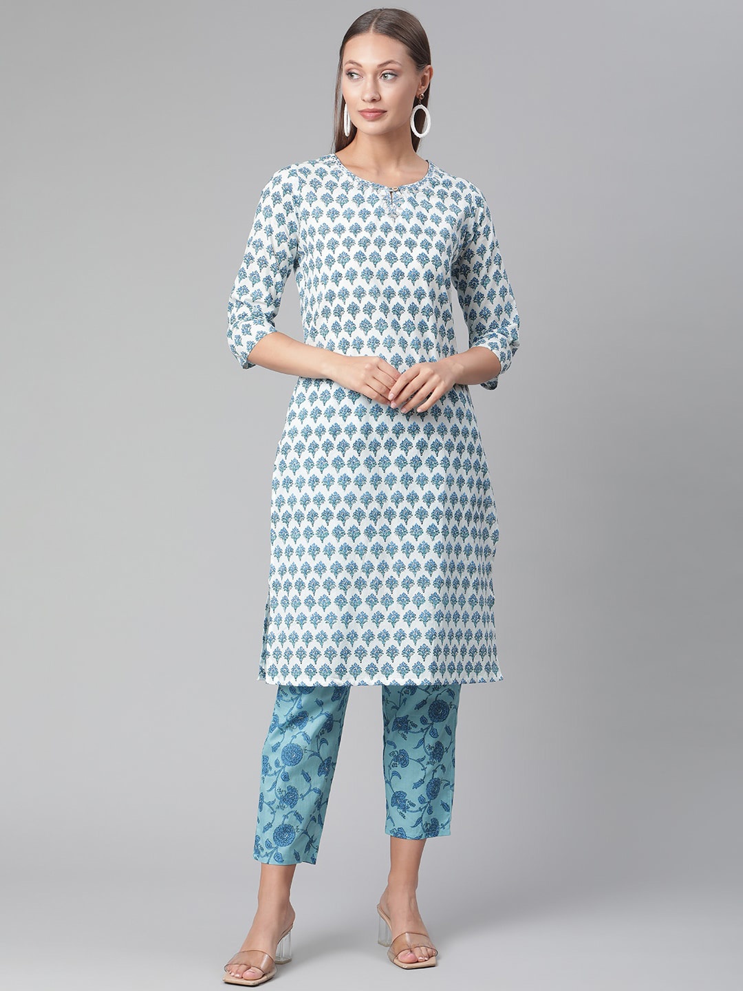 

KALINI Floral Printed Pure Cotton Straight Kurta With Trousers, White