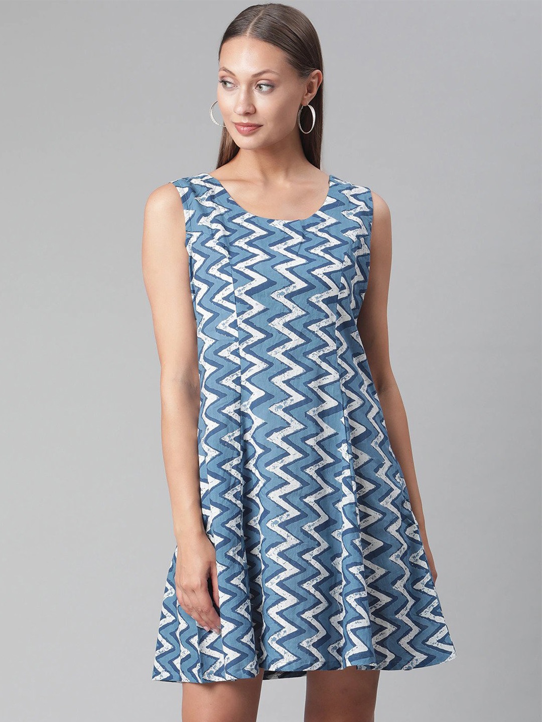 

KALINI Geometric Printed Round Neck Sleeveless Cotton A-Line Dress, Blue