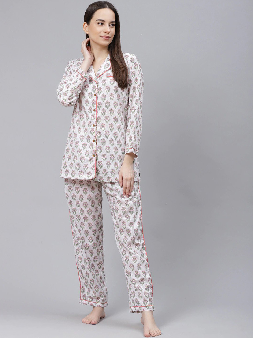 

KALINI Floral Printed Pure Cotton Shirt With Pyjamas, White