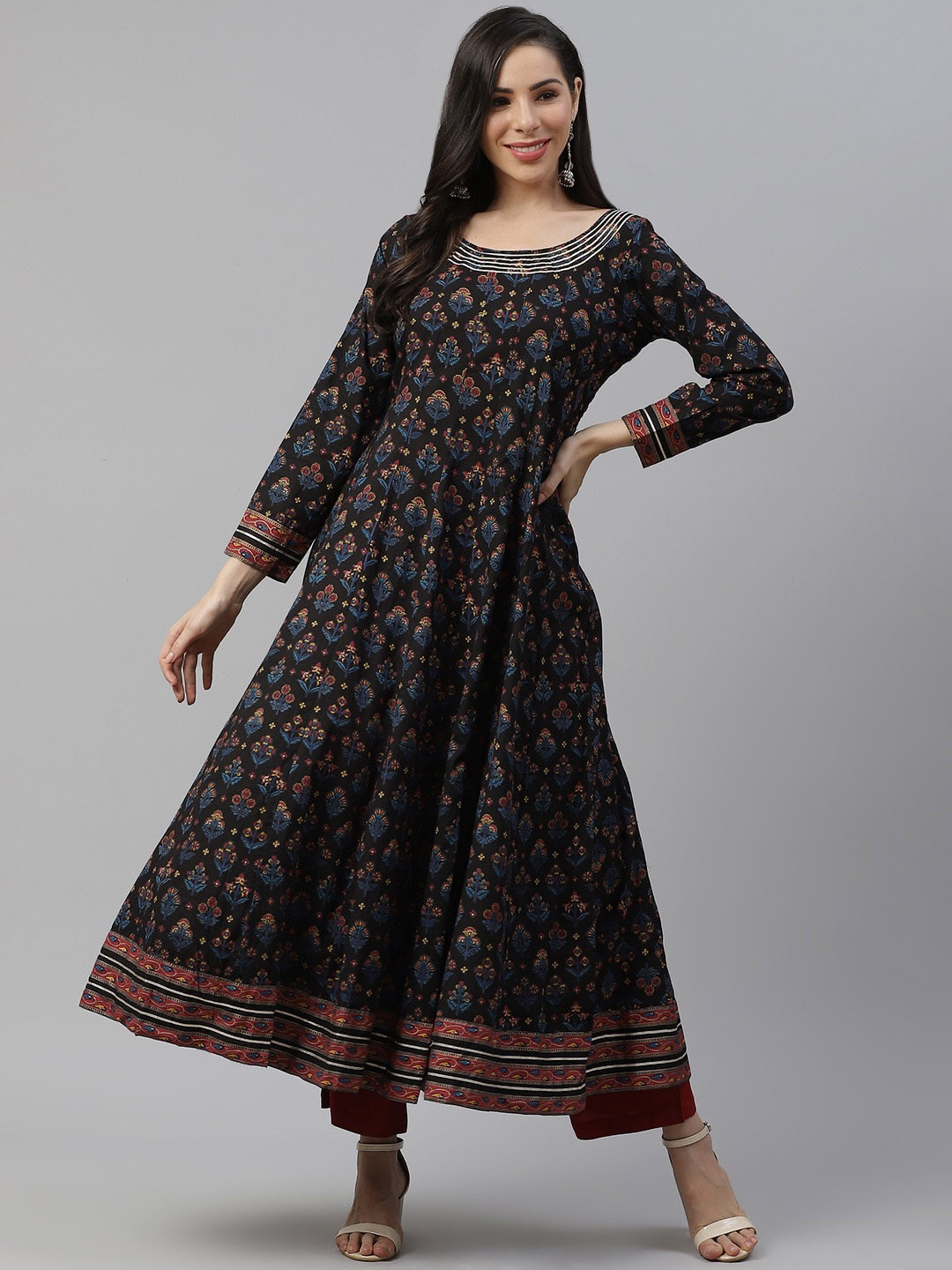 

KALINI Ethnic Motifs Printed Panelled Cotton Anarkali Kurta, Black