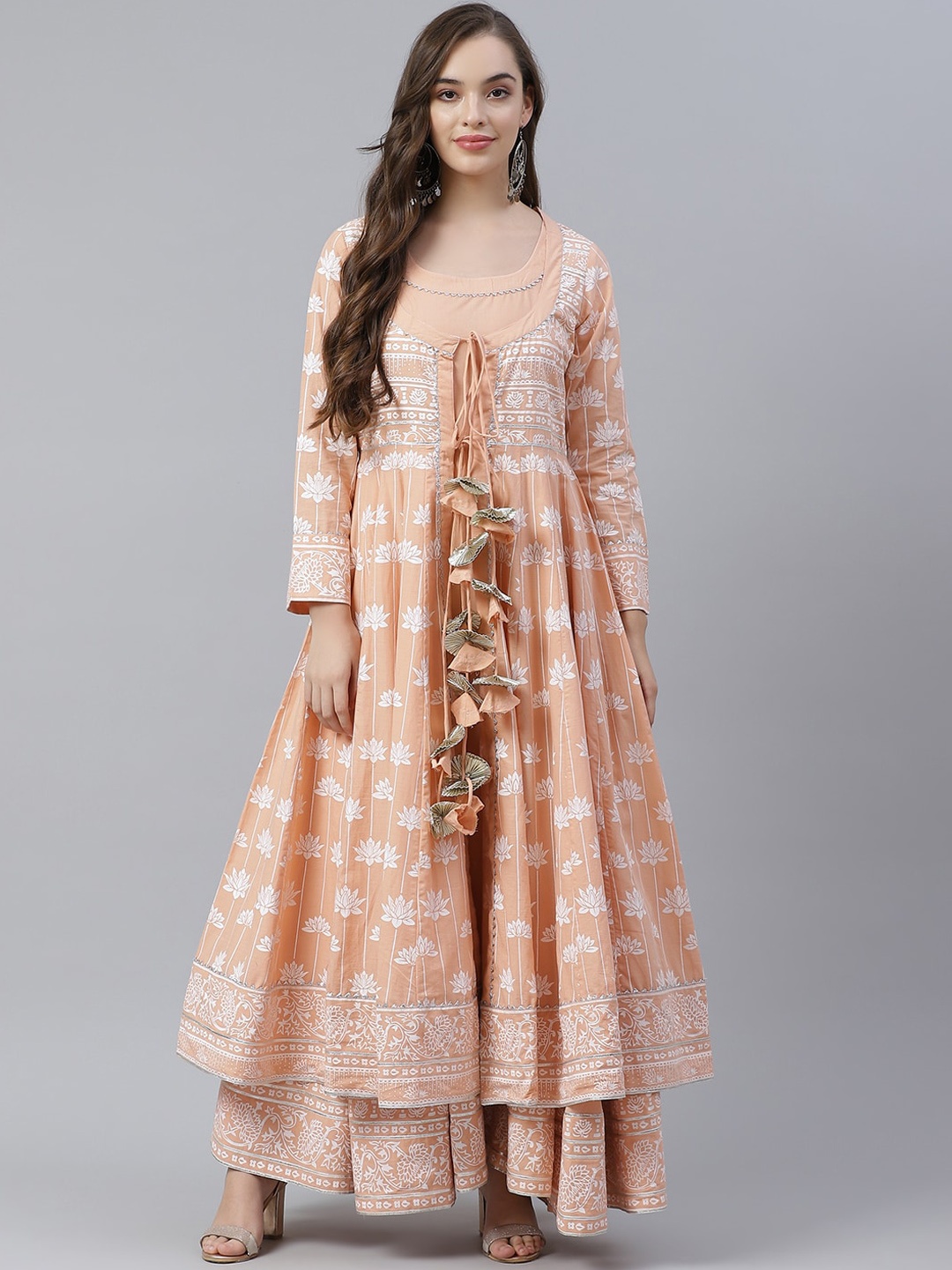 

KALINI Floral Printed Gotta Patti Layered Cotton Flared Kurta with Jacket, Peach