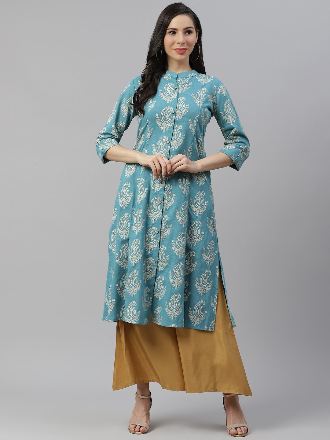 

KALINI Floral Printed Mandarin Collar Cotton Kurta, Turquoise blue