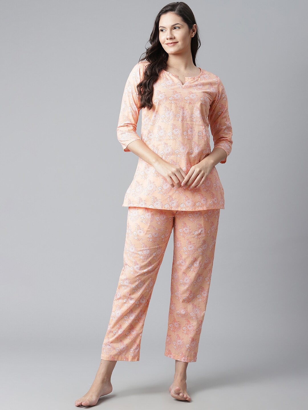 

KALINI Floral Printed Pure Cotton Kurti With Pyjamas, Peach