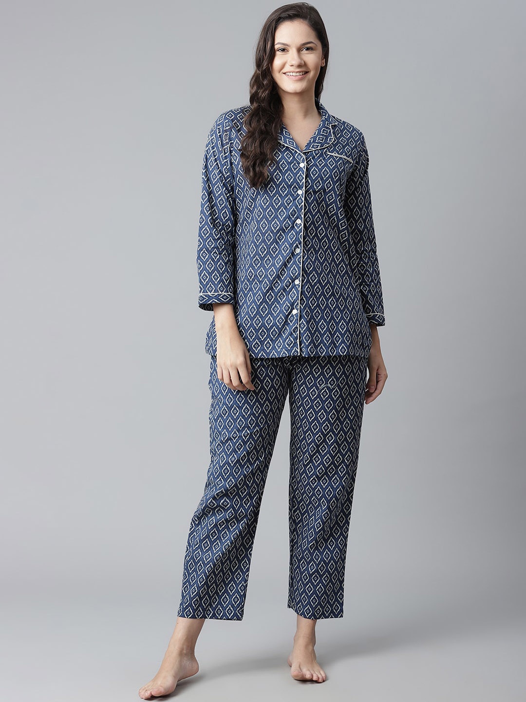 

KALINI Printed Lapel Collar Pure Cotton Shirt & Lounge Pant, Navy blue