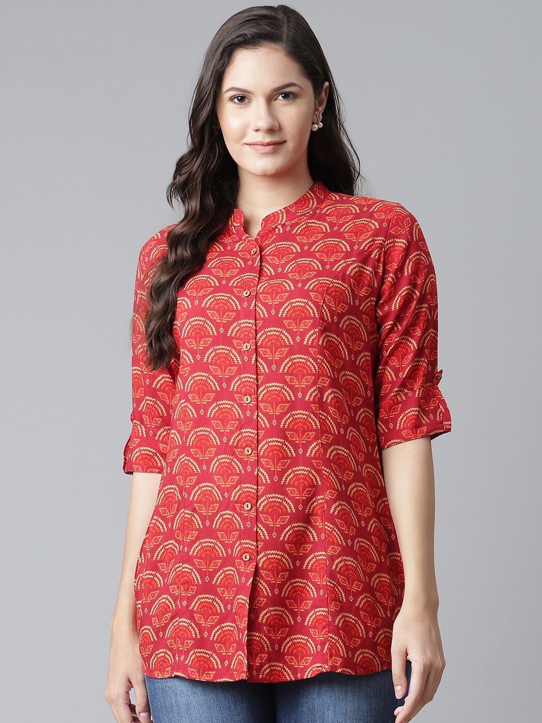 

KALINI Ethnic Motifs Printed Mandarin Collar Roll-Up Sleeves Longline Shirt Style Top, Maroon