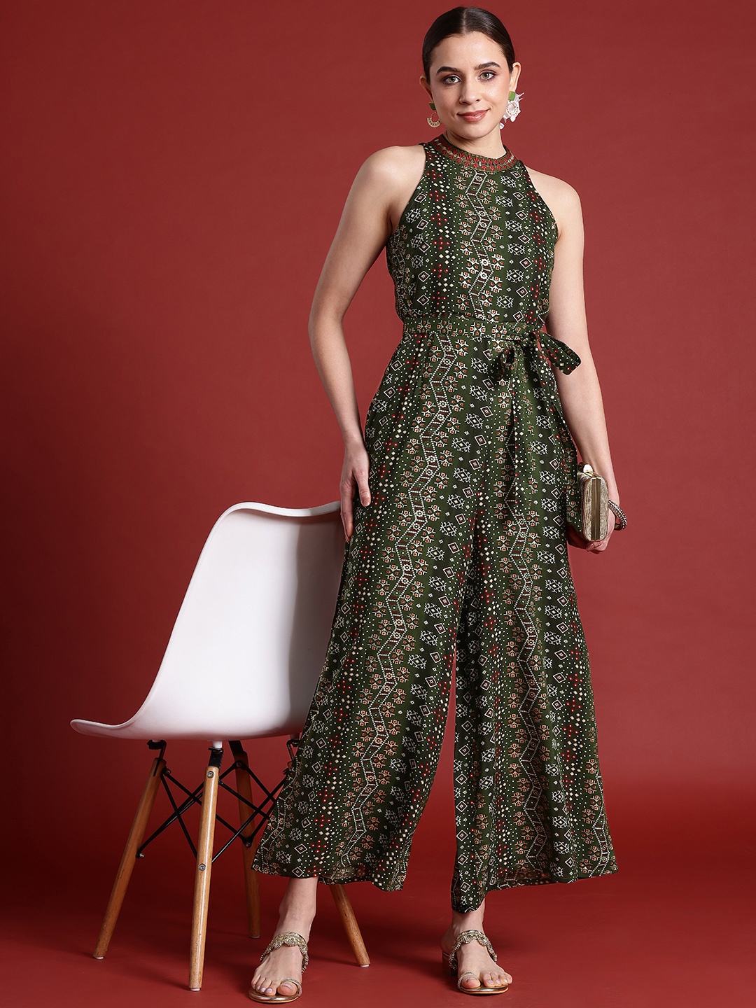 

Anouk Halter Neck Printed Embroidered Culotte Jumpsuit, Olive