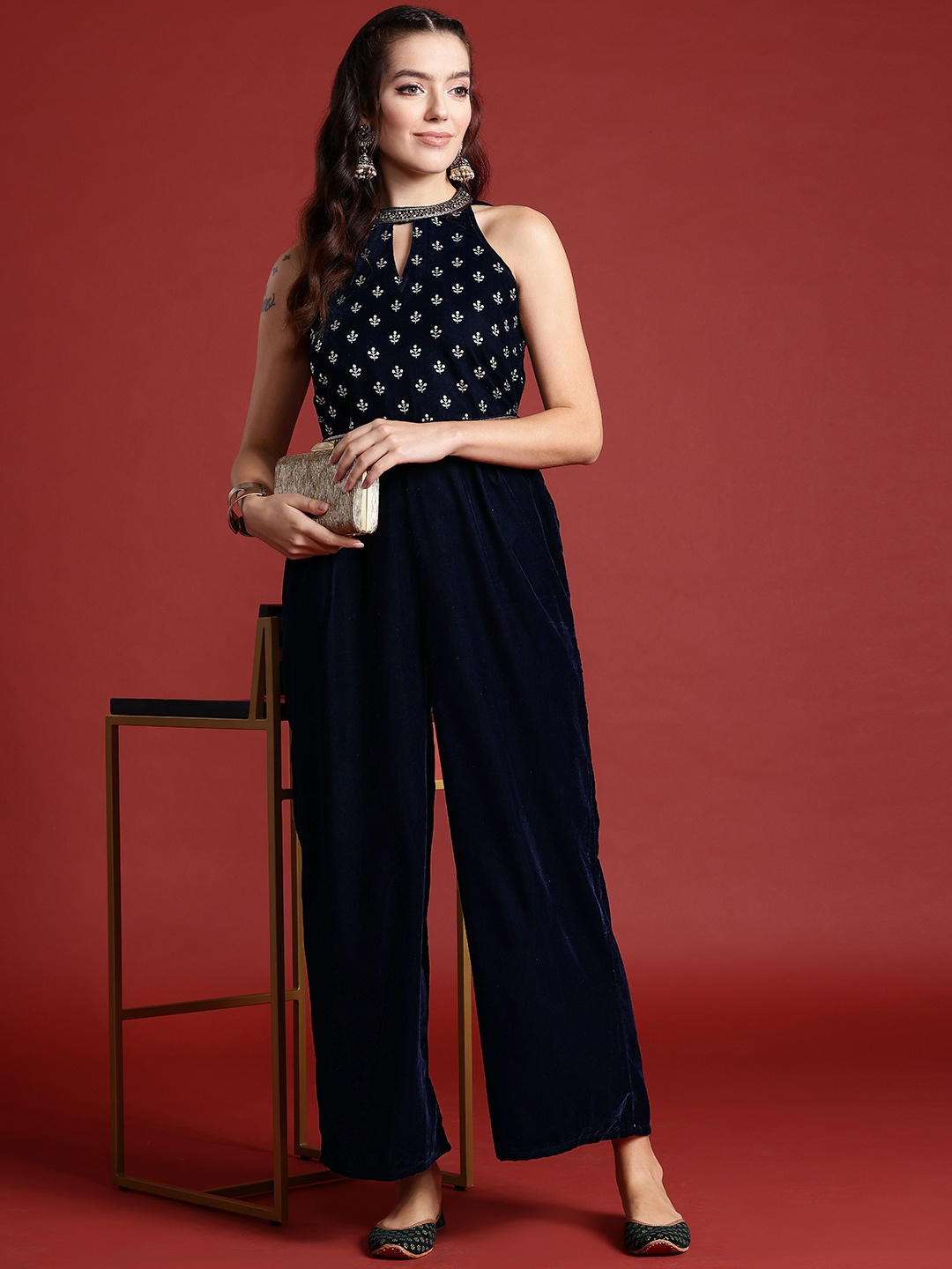 

Anouk Halter Neck Printed Embroidered Culotte Jumpsuit with Belt, Navy blue