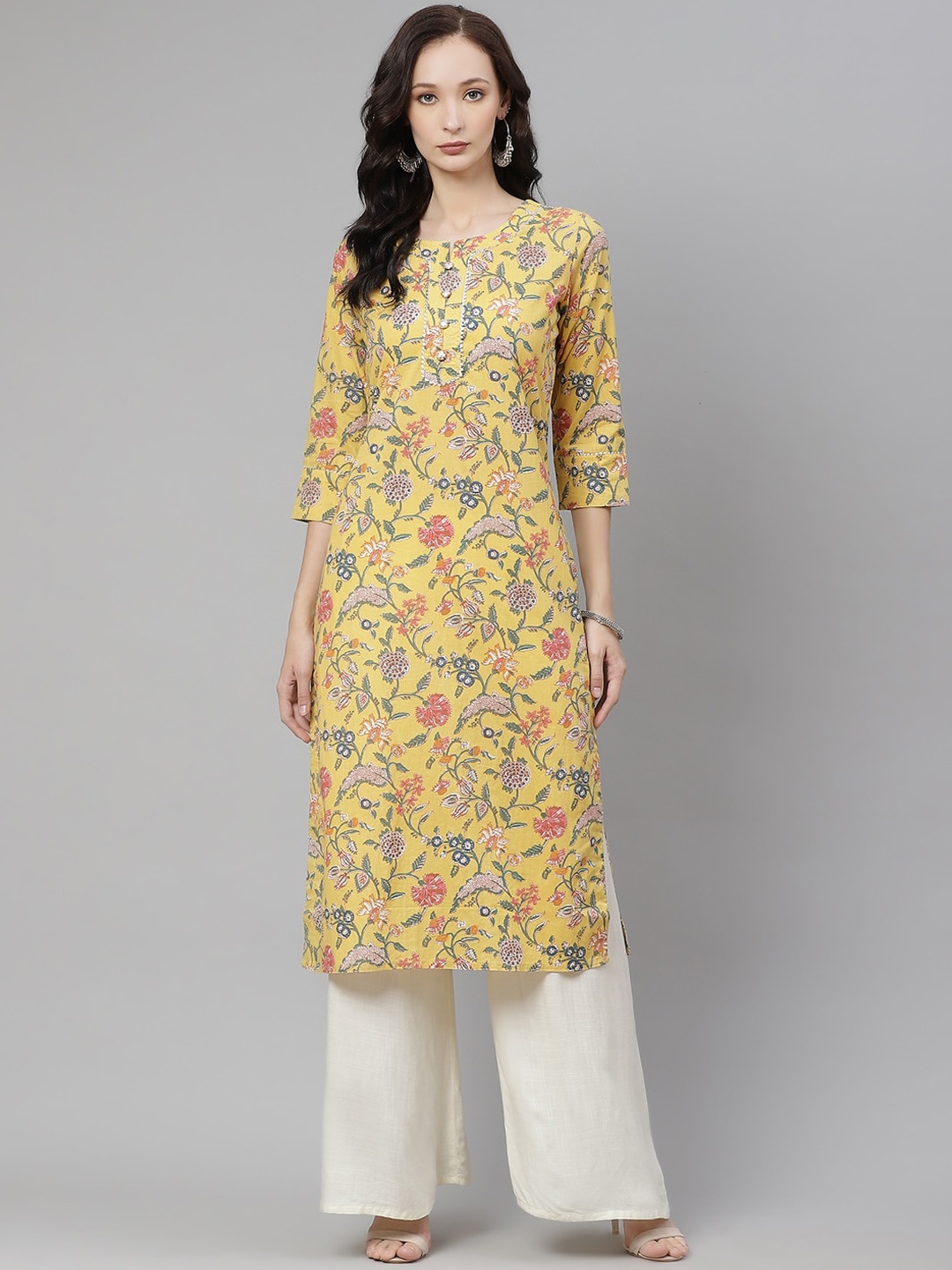 

KALINI Floral Printed Gotta Patti Cotton Straight Kurta, Yellow