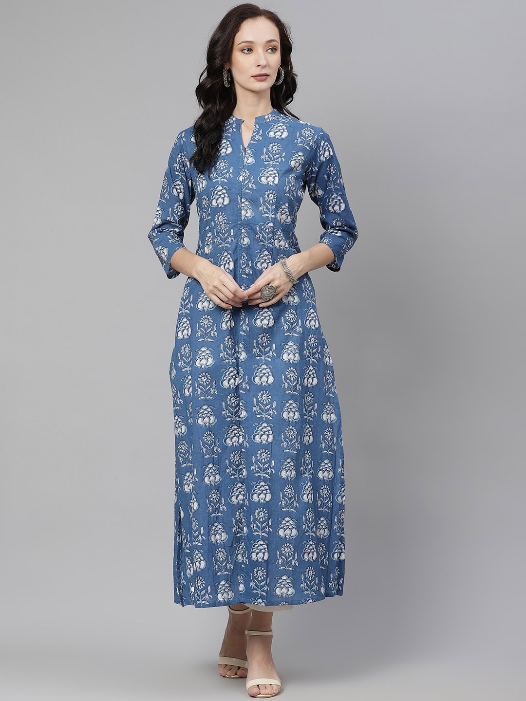 

KALINI Ethnic Motifs Printed Mandarin Collar Cotton Straight Kurta, Blue