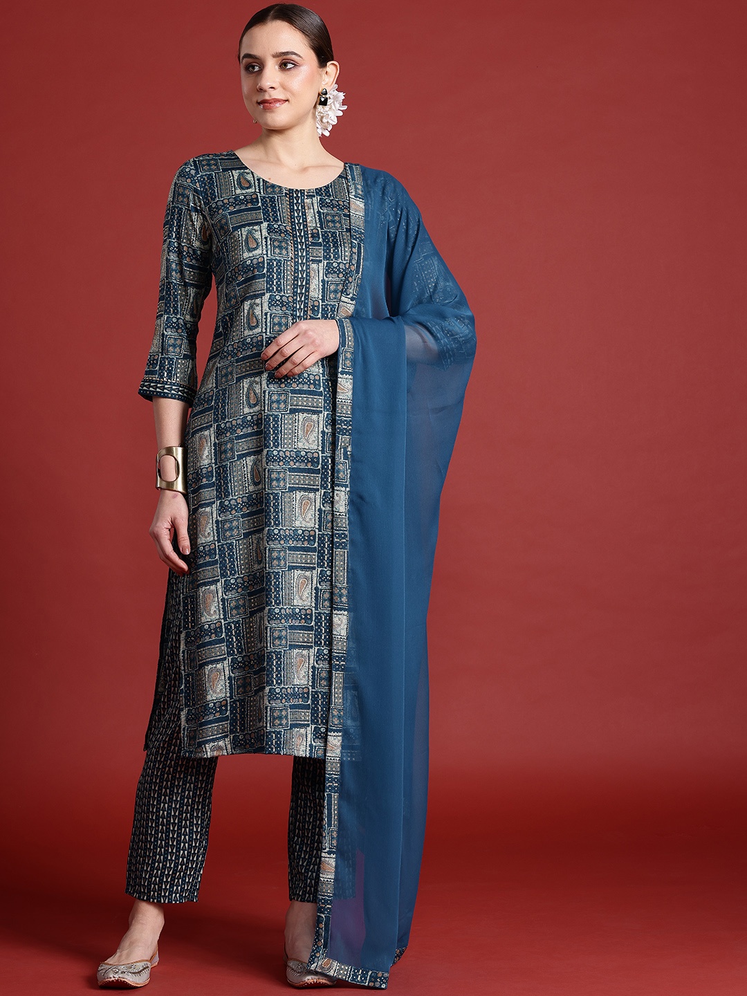 

Anouk Paisley Printed Regular Kurta with Trousers & Dupatta, Blue