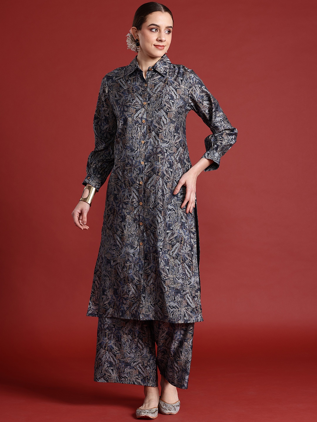 

Anouk Printed Regular Kurta with Palazzos, Navy blue