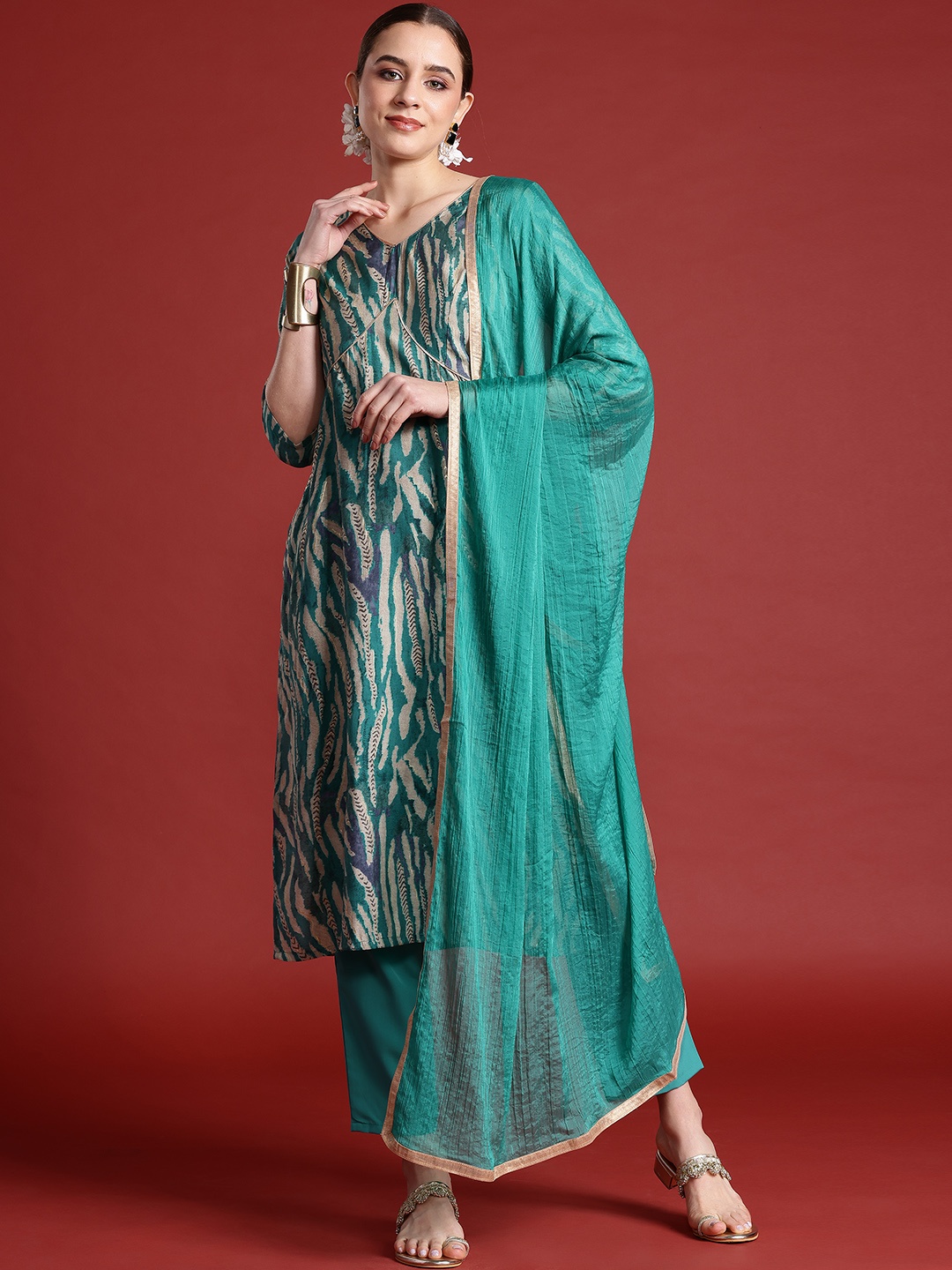 

Anouk Printed Empire Gotta Patti Kurta with Trousers & Dupatta, Turquoise blue