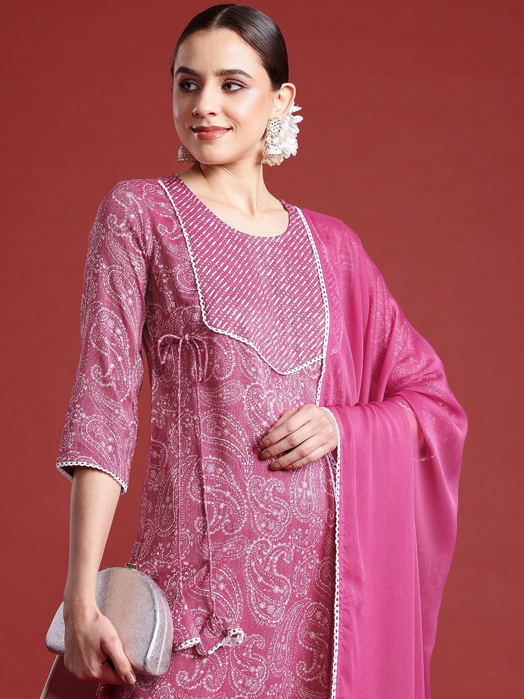 

Anouk Women Paisley Printed Regular Kurta with Trousers & With Dupatta, Pink