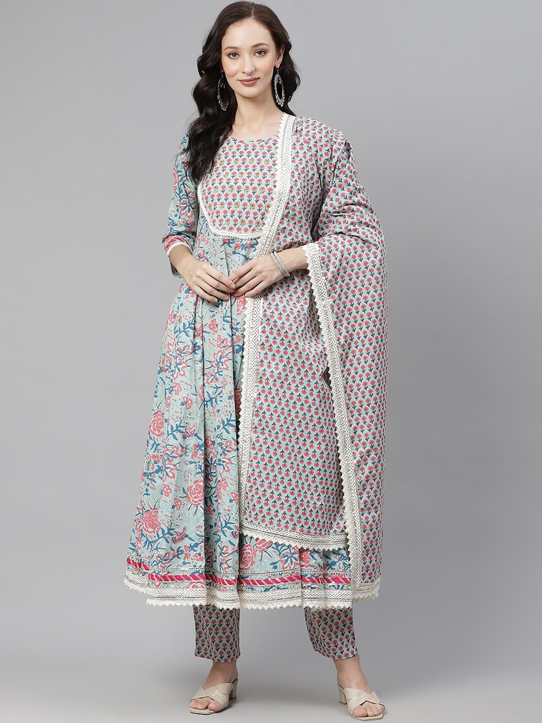 

KALINI Ethnic Motifs Printed Sequinned Cotton Anarkali Kurta & Trousers With Dupatta, Blue