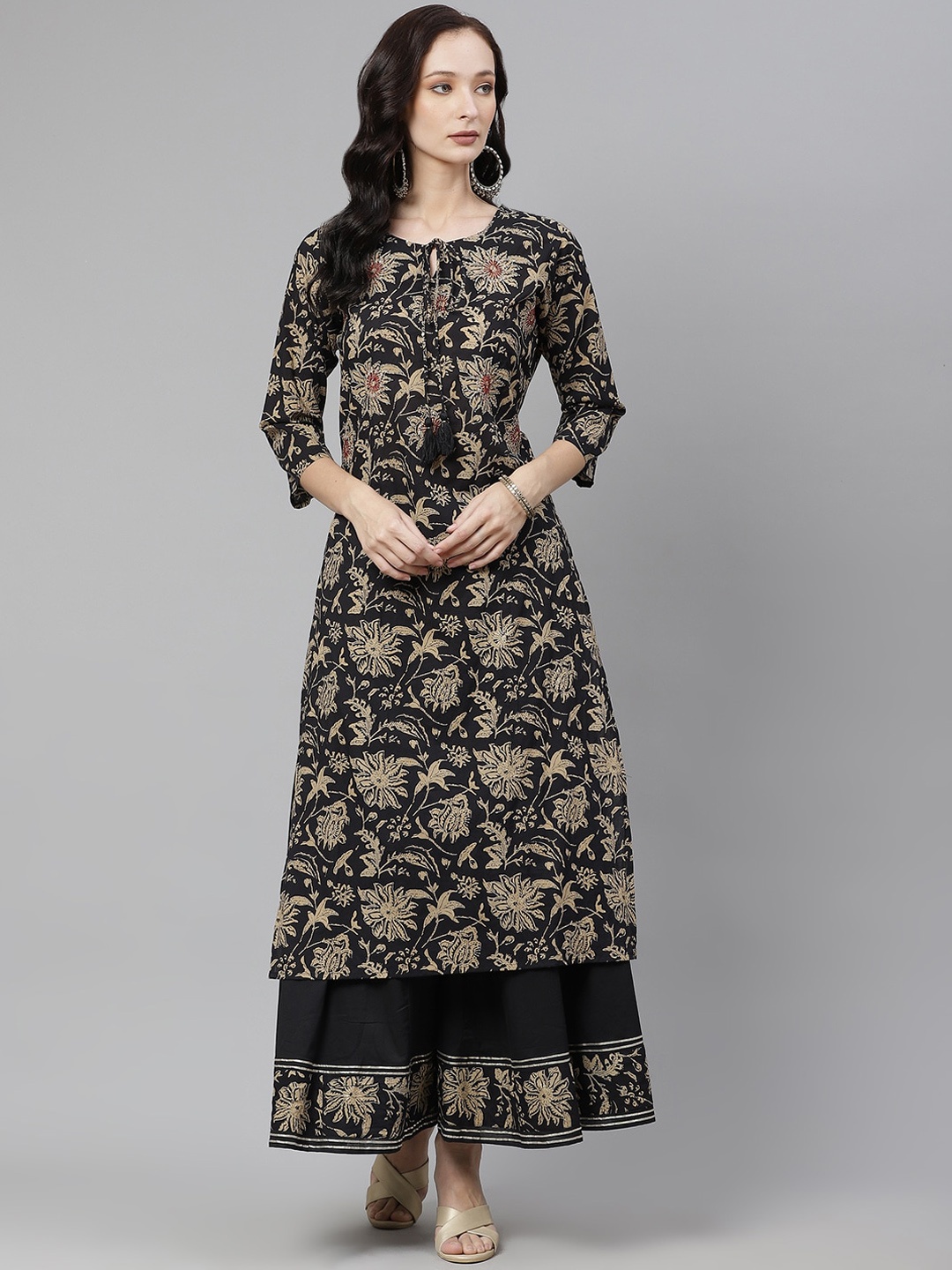 

KALINI Floral Printed Tie-Up Neck Regular Pure Cotton Kurta With Palazzos, Black