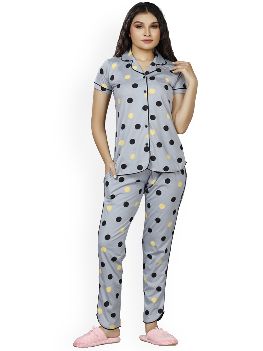 

Foxy Polka Dots Printed Pure Cotton Night suit, Grey