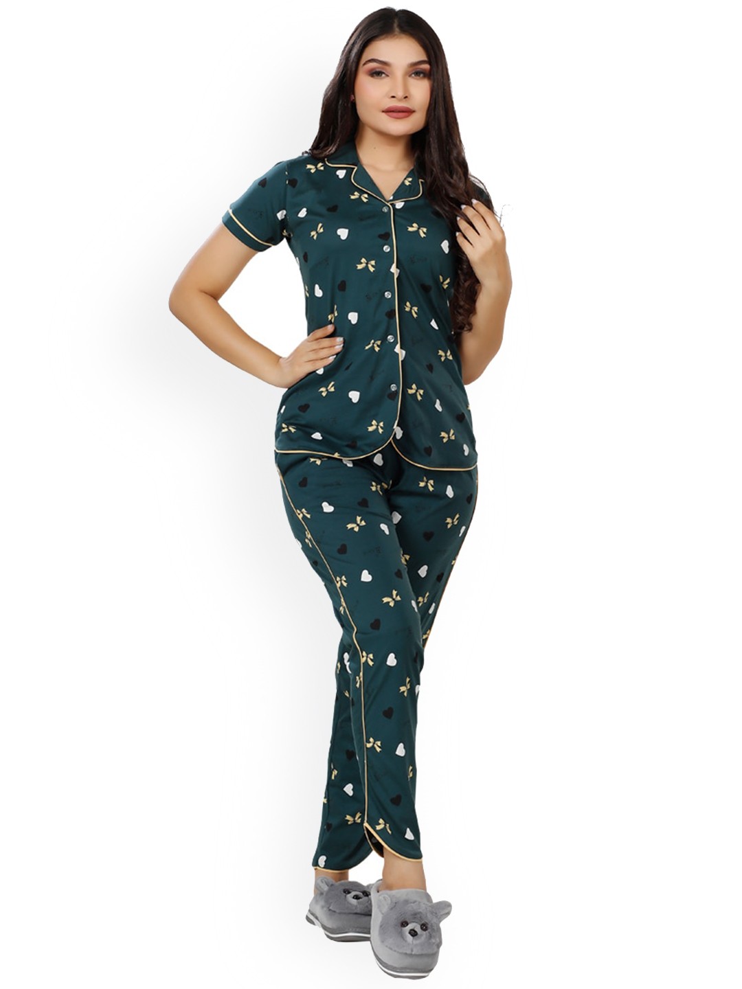

Foxy Printed Lapel Collar Pure Cotton Night suit, Green