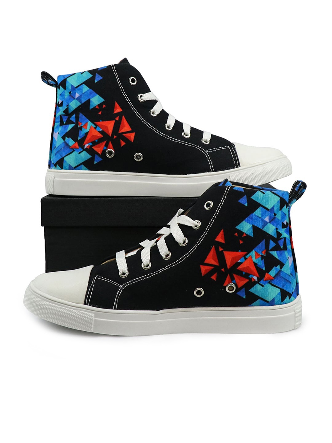 

KobSook Women Mid -Top Triangles Printed Canvas Comfort Insole Sneakers, Black
