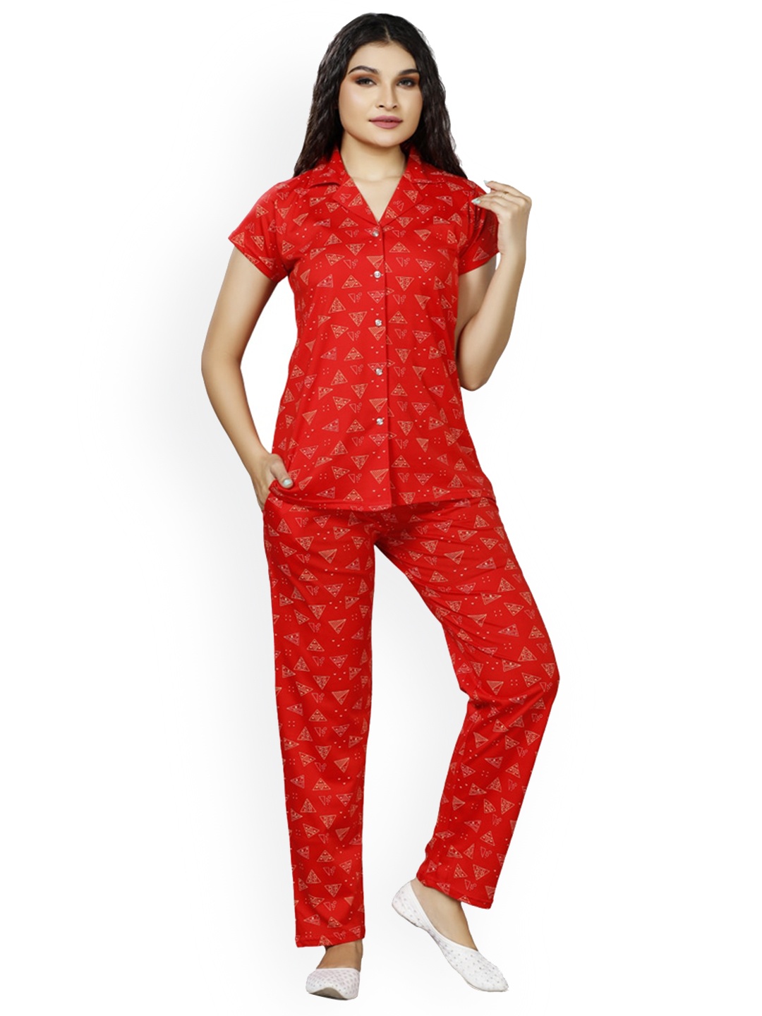 

Foxy Geometric Printed Pure Cotton Night suit, Red