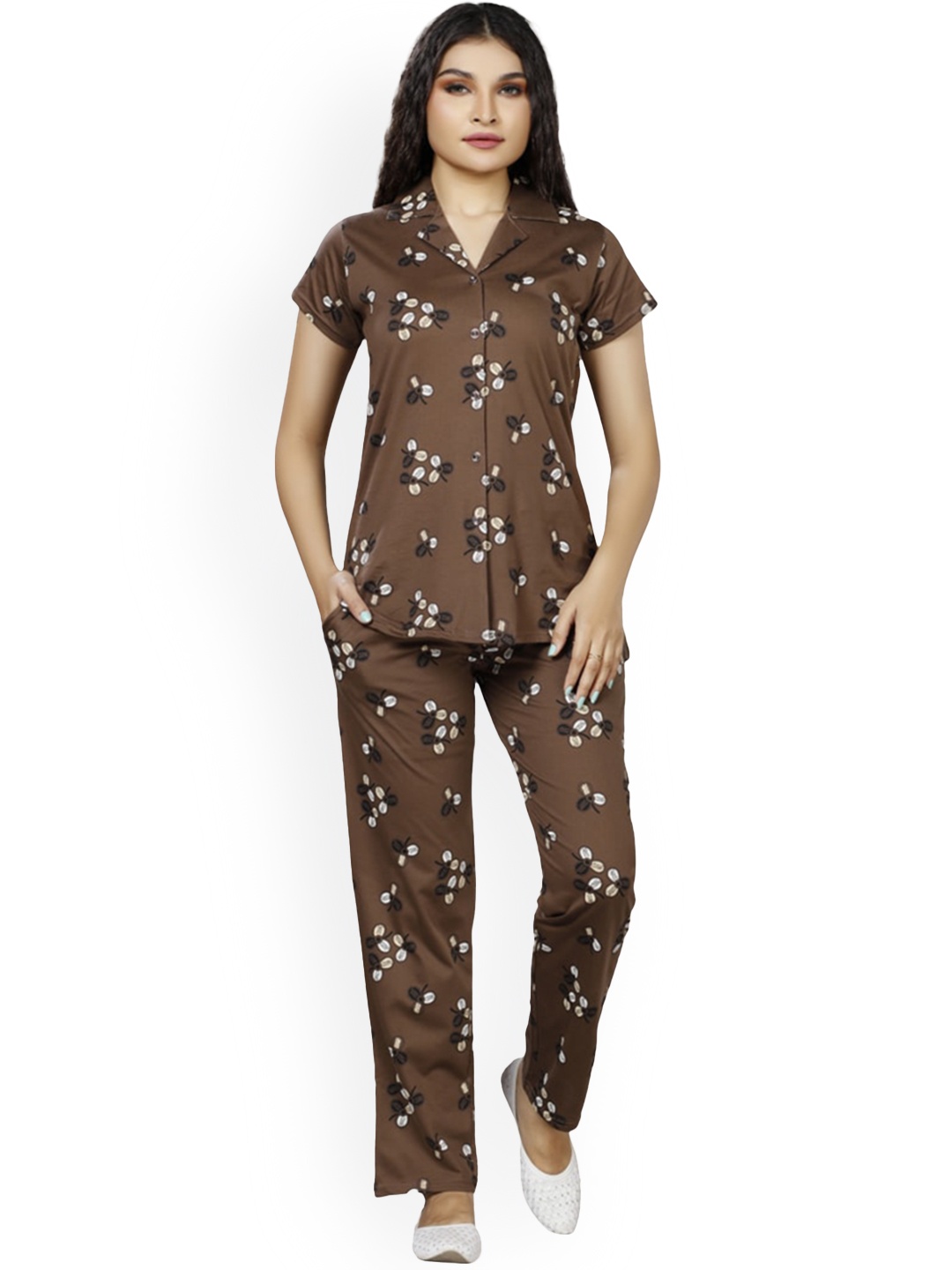 

Foxy Floral Printed Pure Cotton Night suit, Brown