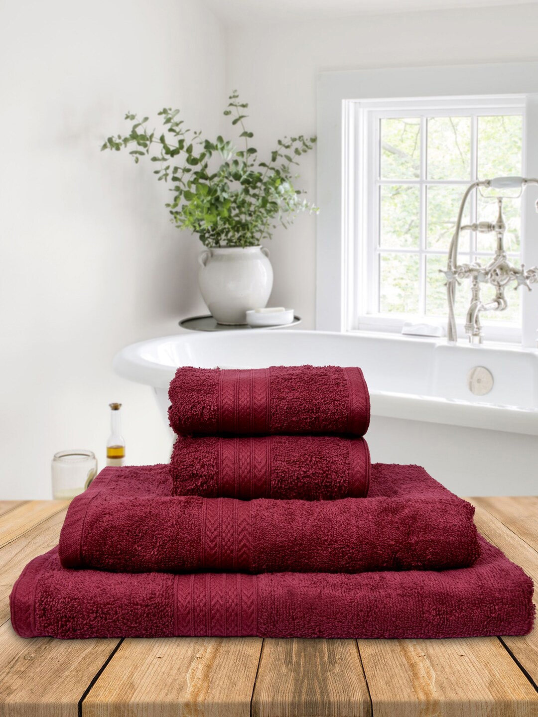 

BOMBAY DYEING Maroon 4 Pieces Cotton 450 GSM Towel Set