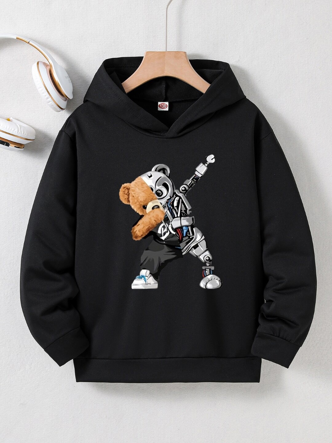 

StyleCast Boys Black Graphic Printed Hooded Pullover Sweatshirt