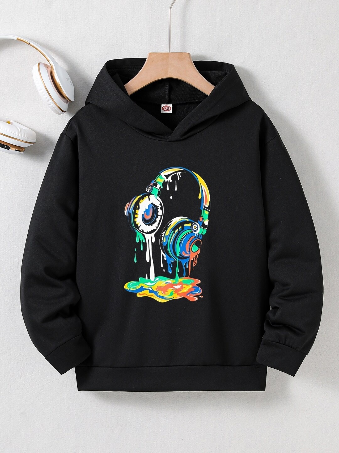 

StyleCast Boys Black Graphic Printed Hooded Ribbed Pullover Sweatshirt