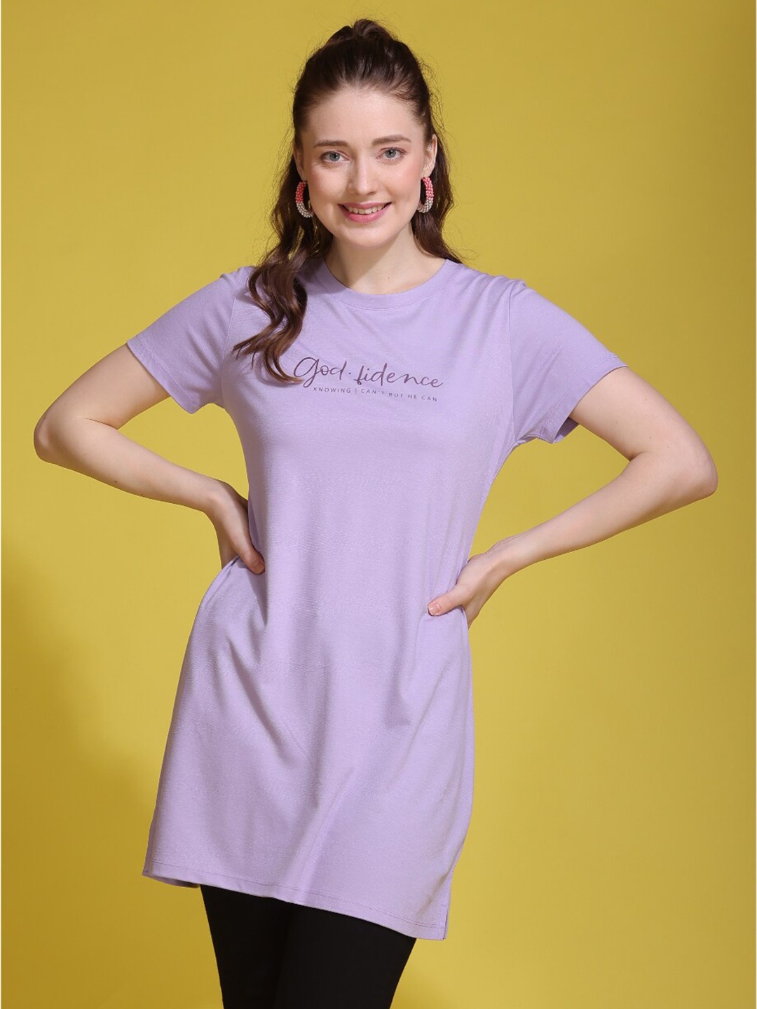 

TITTLI Typography Printed Round Neck Longline T-shirt, Lavender