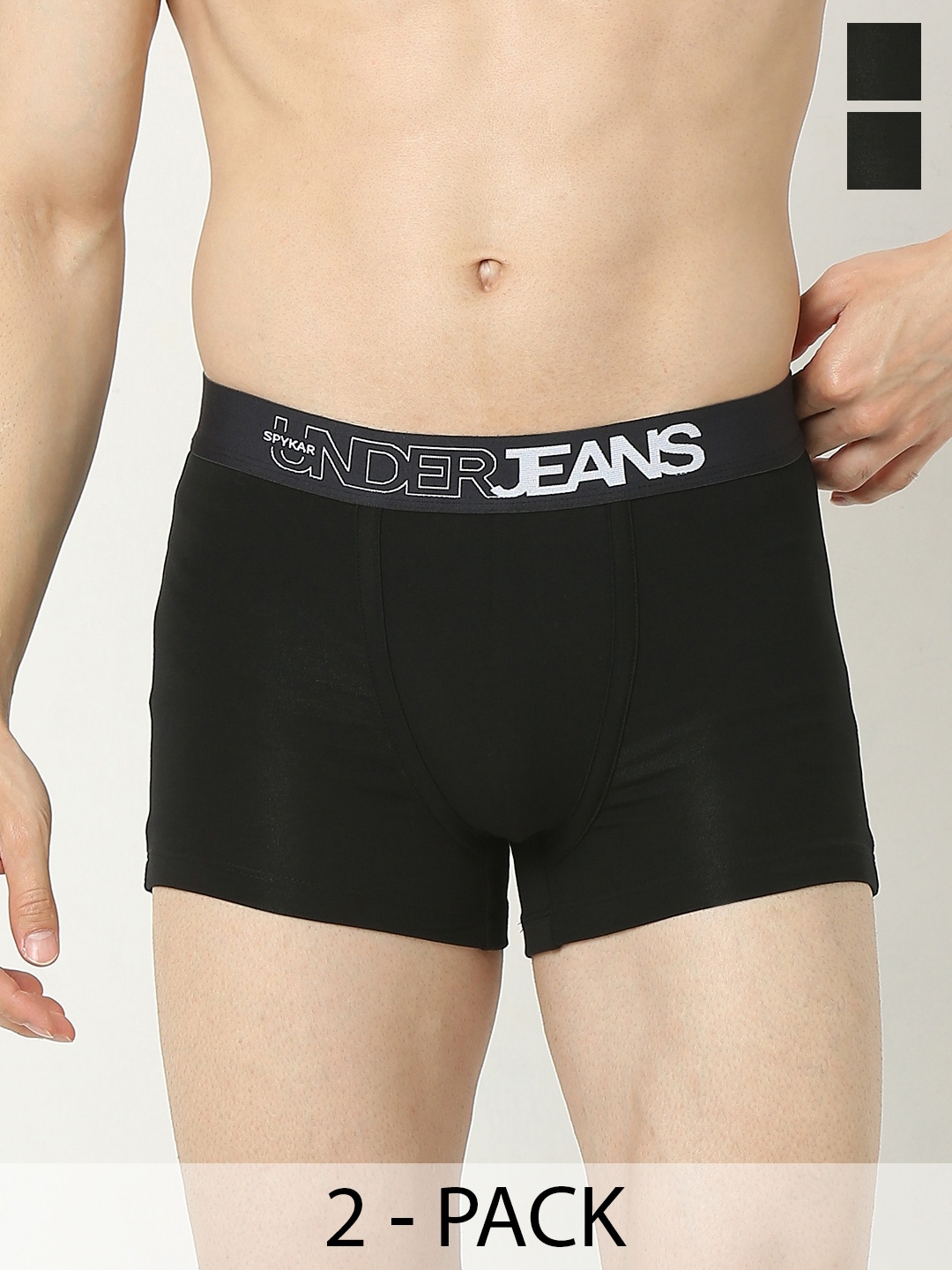 

UnderJeans by Spykar Pack Of 2 Mid Rise Premium Trunks UJNPTC056BLACKBLACK, Black
