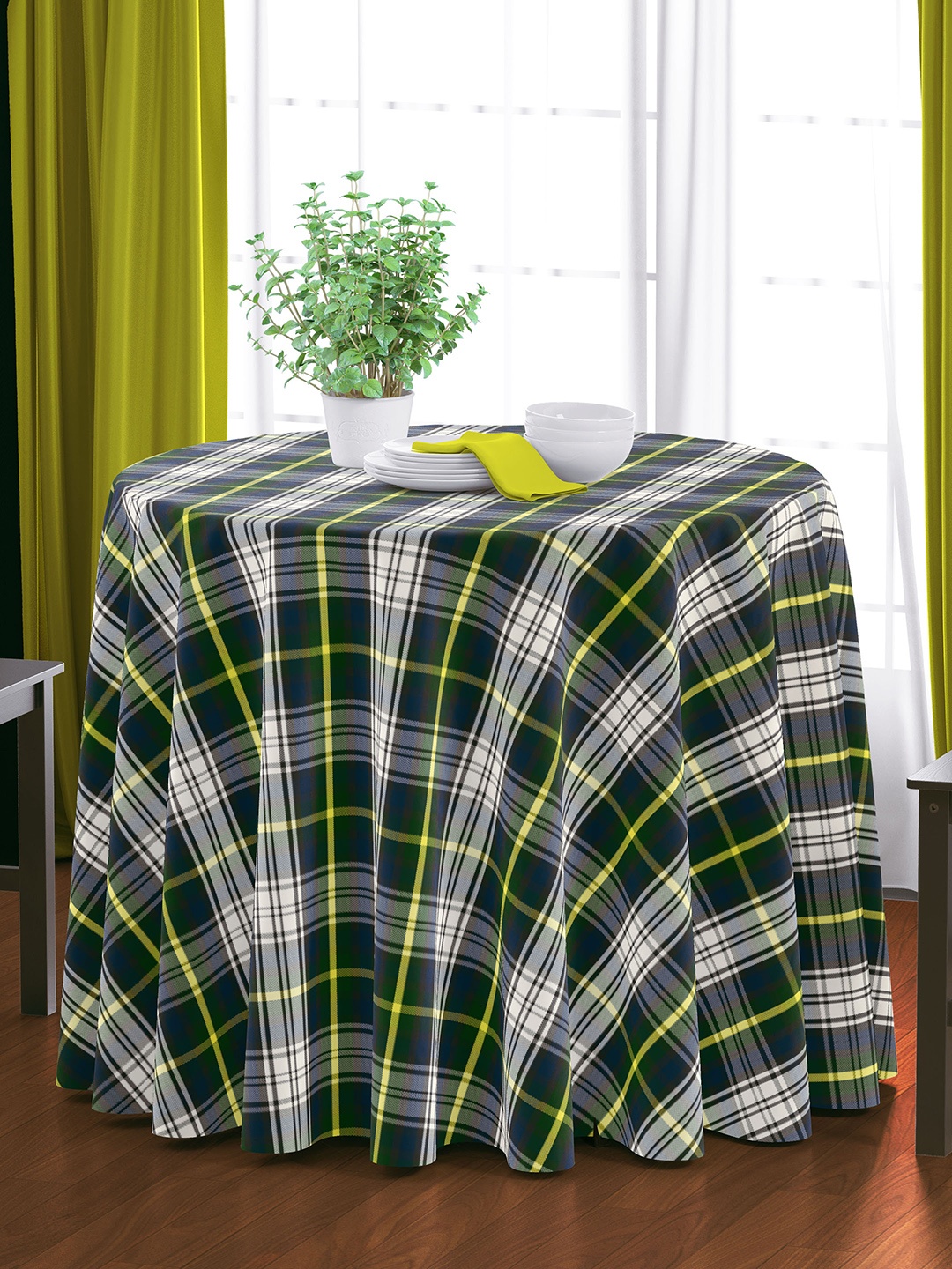 

HOME COLORS.IN Green & White Checked 6 Seater Round Table Cover