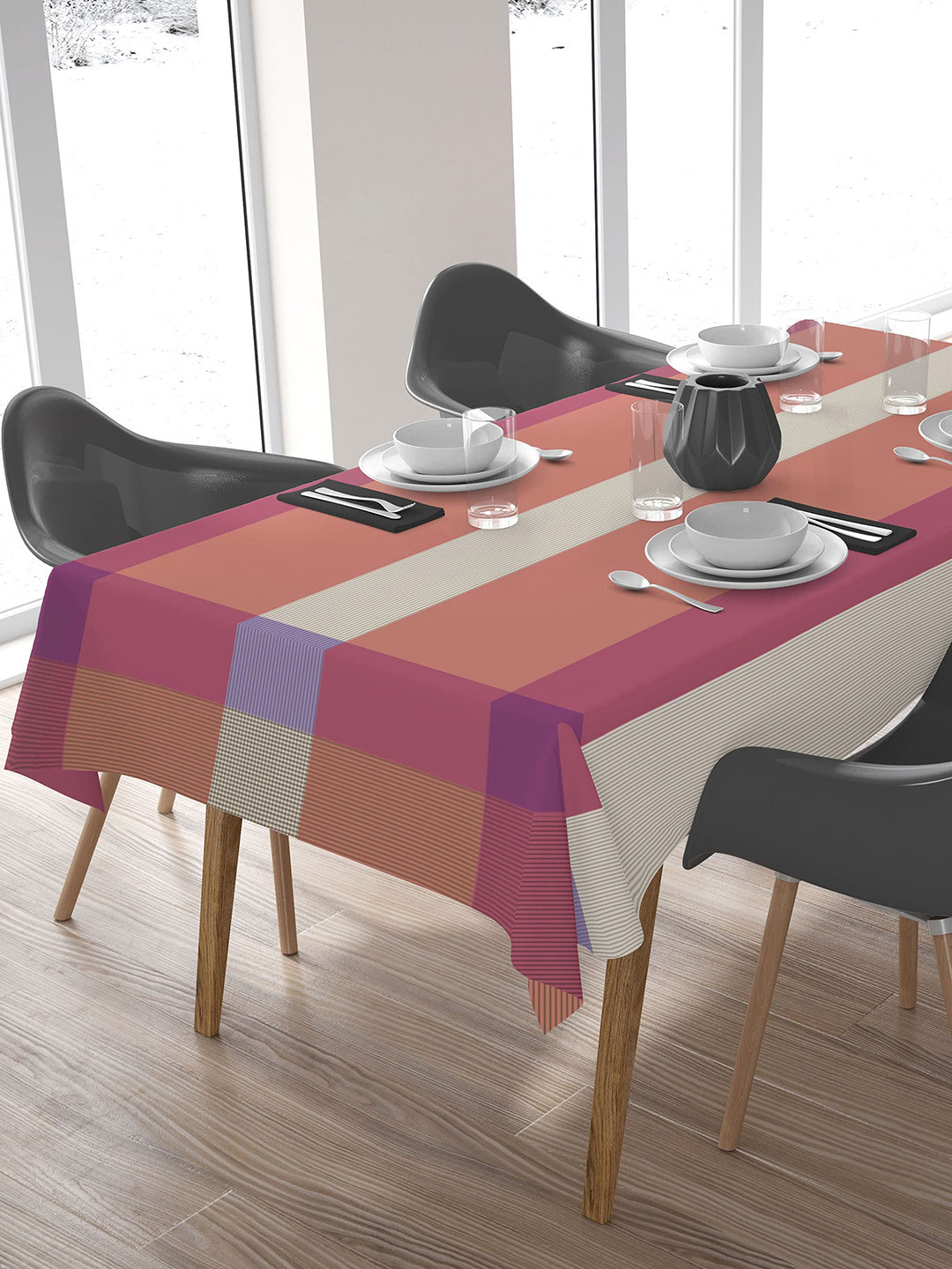 

HOME COLORS.IN Peach & White Printed Cotton 6 Seater Rectangle Table Cover